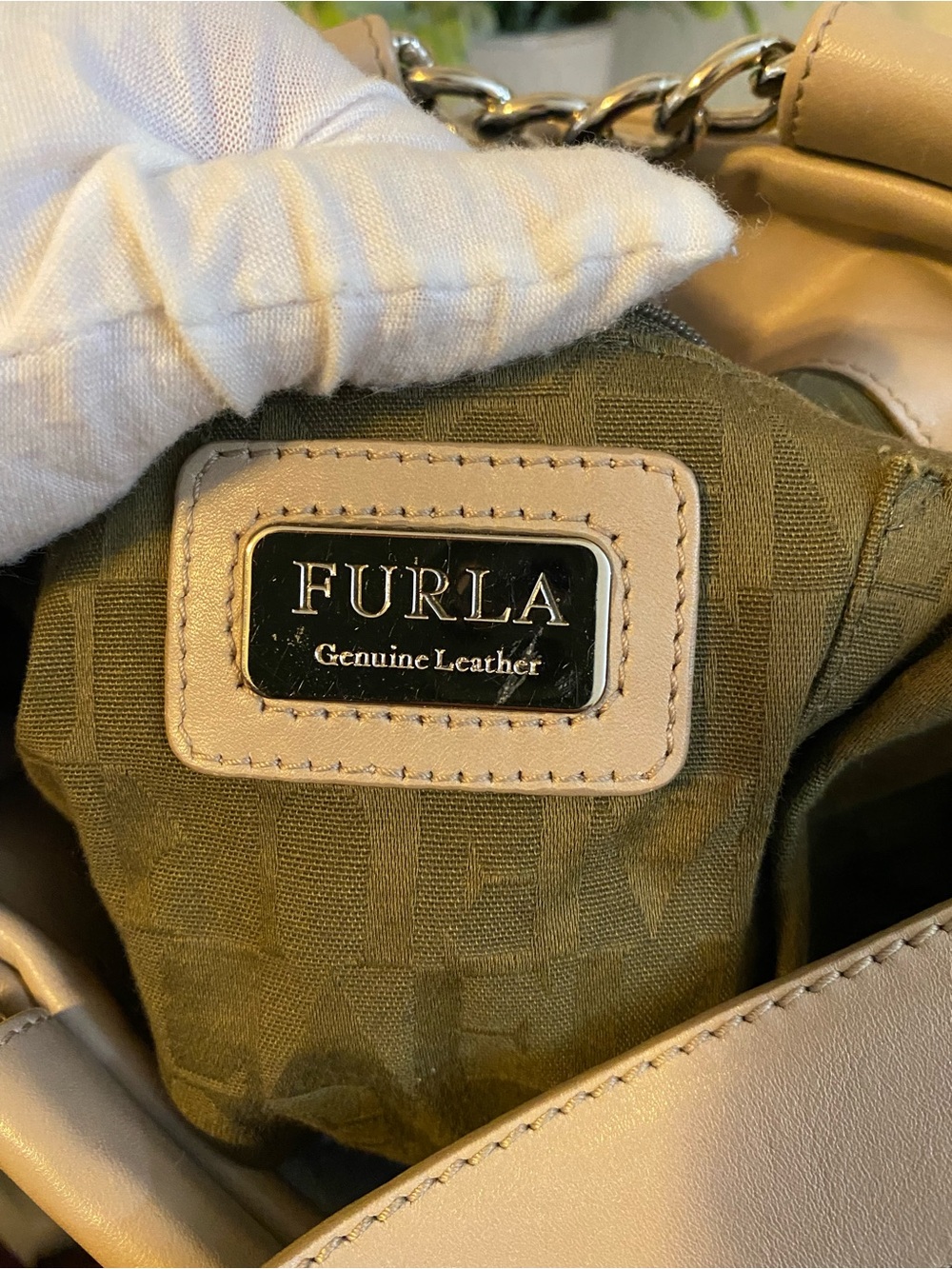 Furla Taupe Soft Leather Shoulder Hobo Bag w/ Chain Detail - Picture 8 of 14